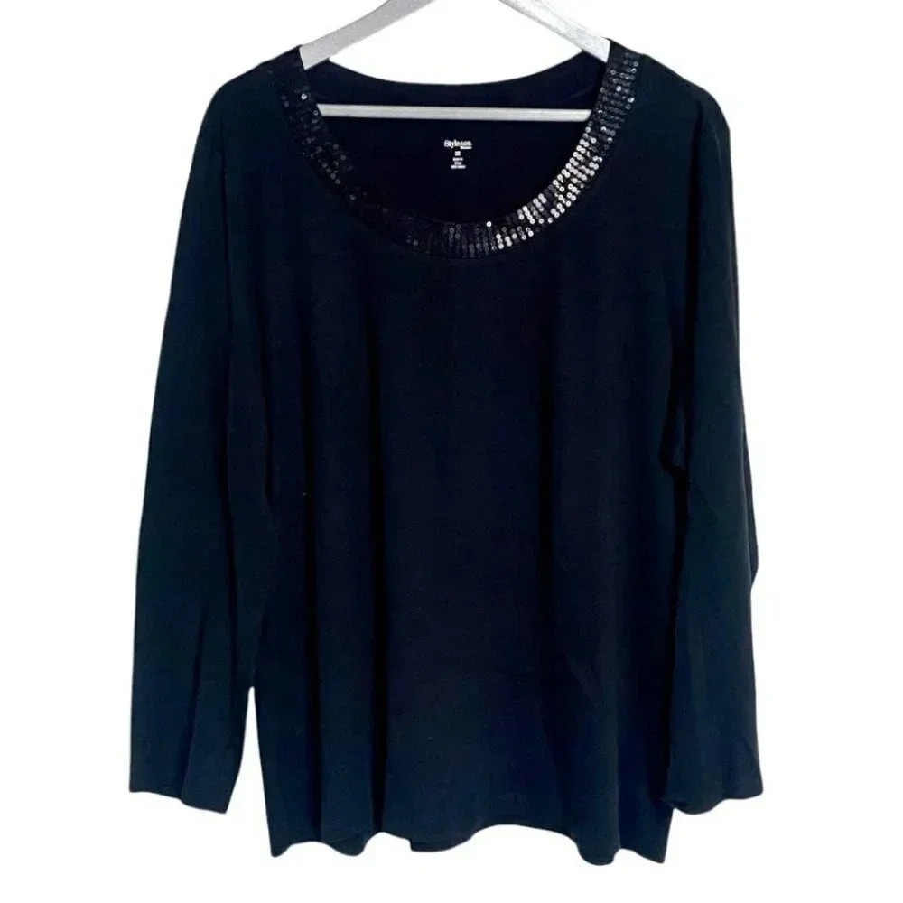 Style & co. 3X black cotton long sleeve with sequined collar top